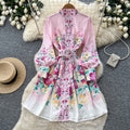 Elegant stand collar lantern sleeve printed dress - women's autumn youthful slimming a-line dress with belt