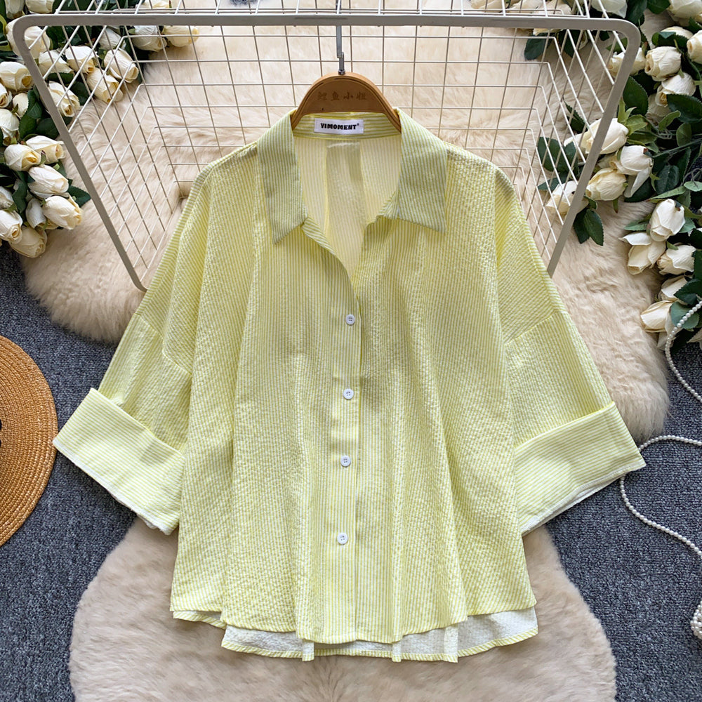Korean style fashionable young lady shirt -  new arrival - versatile commute, casual, slimming long sleeve striped top for summer