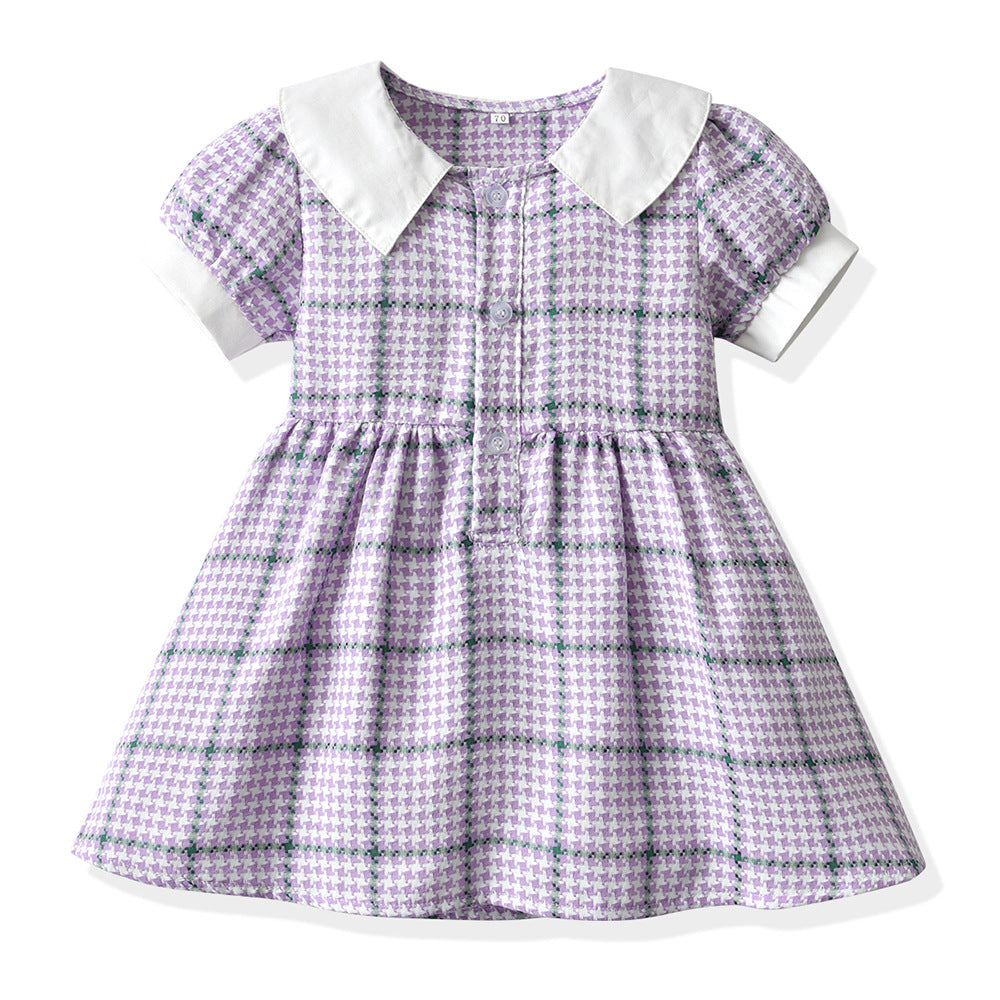 Girls' vintage cotton plaid dress - french collar, kids' & baby summer  new arrival, short sleeve princess dress