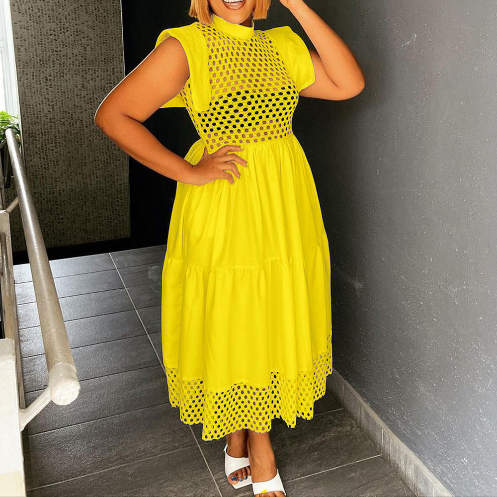 D3056m summer flying sleeves cut outpatchworkelegantwork clothingloosea-line skirtplus size cross-border dress