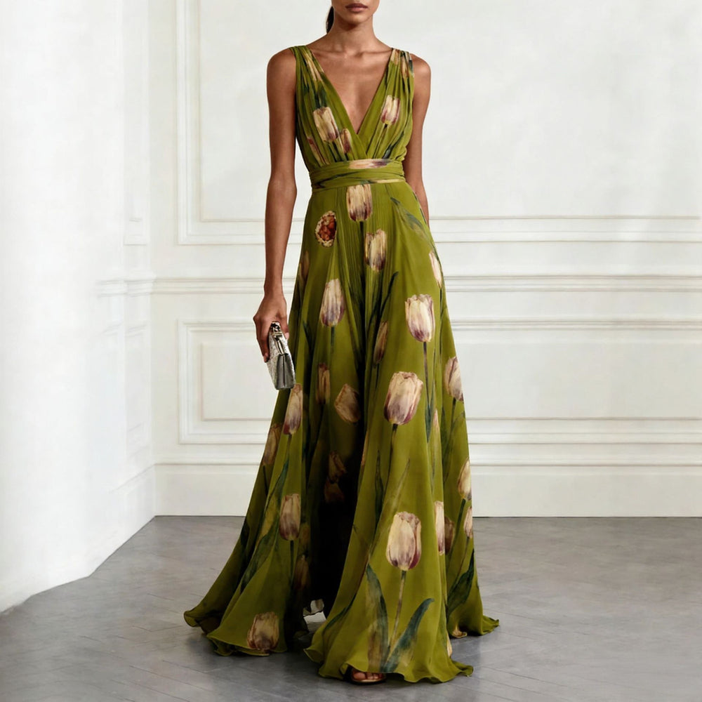 women's summer new arrivals: european and american style cross-border dress - elegant printed, waist-cinching v-neck dress