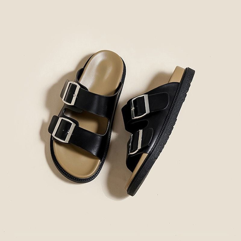 2024 new korean style chunky platform birkenstock-style sandals - women's fashionable square buckle double strap non-slip thong sandals for outdoor wear