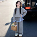 Girls' spring  new collection: korean style retro patchwork three-piece set - sweatshirt & wide-leg pants outfit for mid-to-large children - trendy style