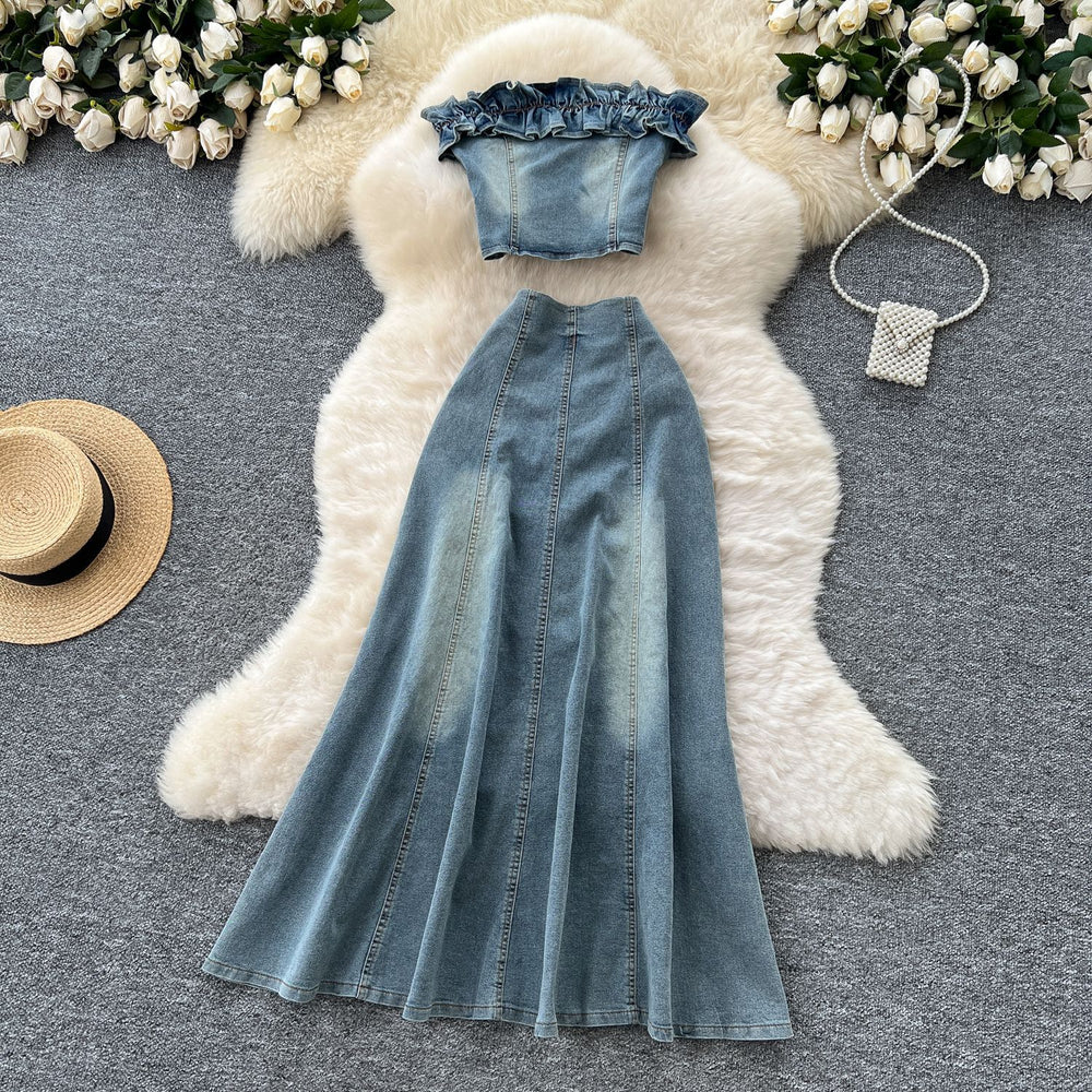 American retro spicy girl denim set - women's summer design with ruffle trim, bandeau top, and high-waisted fishtail skirt