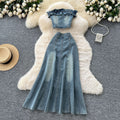 American retro spicy girl denim set - women's summer design with ruffle trim, bandeau top, and high-waisted fishtail skirt