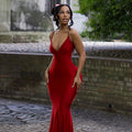 foreign trade hot-selling red dress, deep v sexy backless suspender fishtail dress wholesale