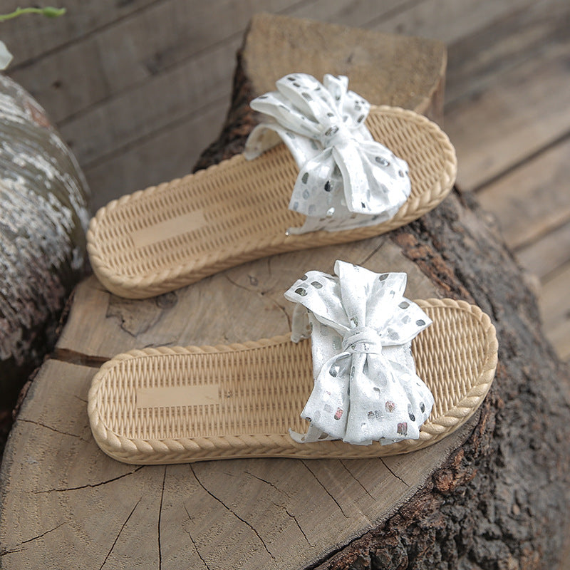 Women's summer slippers - trendy, non-slip, flat, bow-embellished, indoor/outdoor/beach sandals - instagrammable fairy style