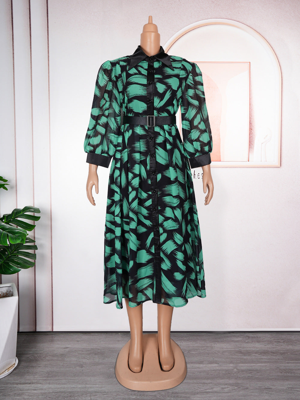Aliexpress cross-border plus size african chiffon printed women's new shirt collar ol commuter dress with belt