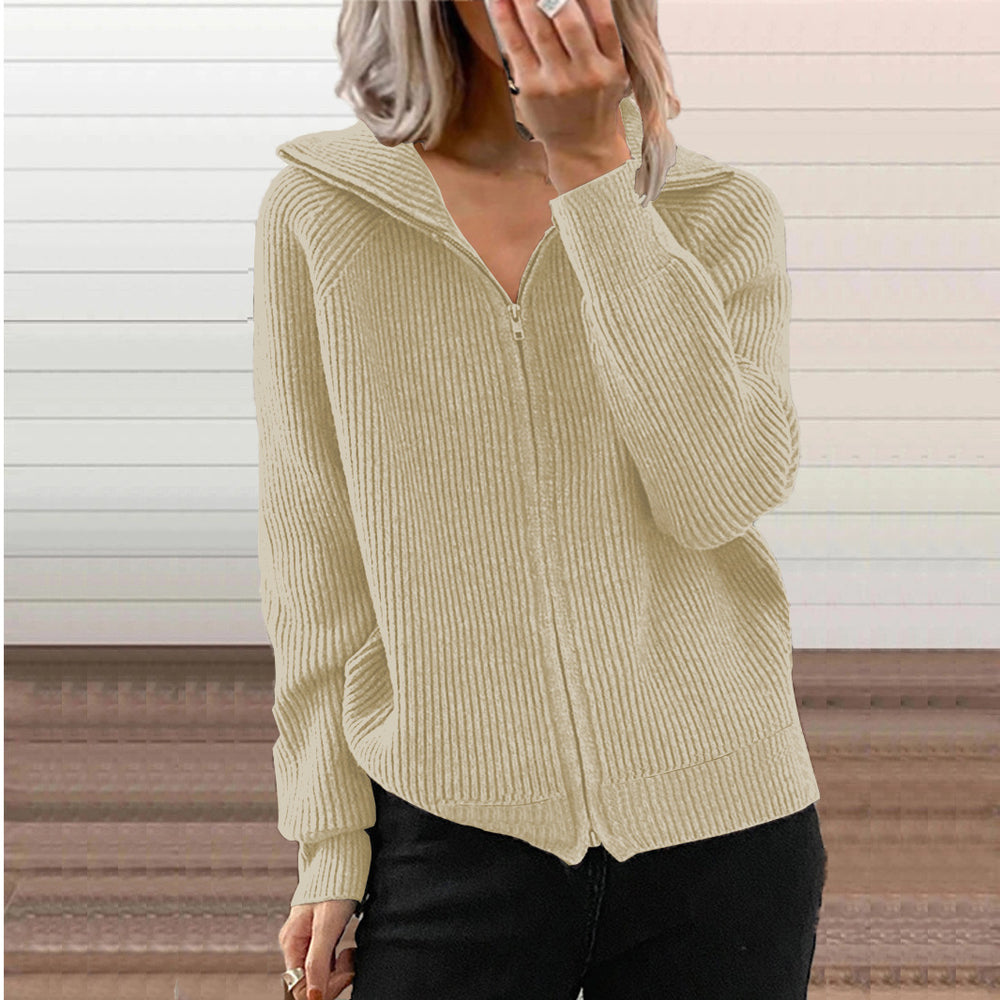 Fashion cross-border fall and winternew arrivalstripescasualoutwearlooseknitting shirt zipper cardiganlong sleeves lapel sweater women