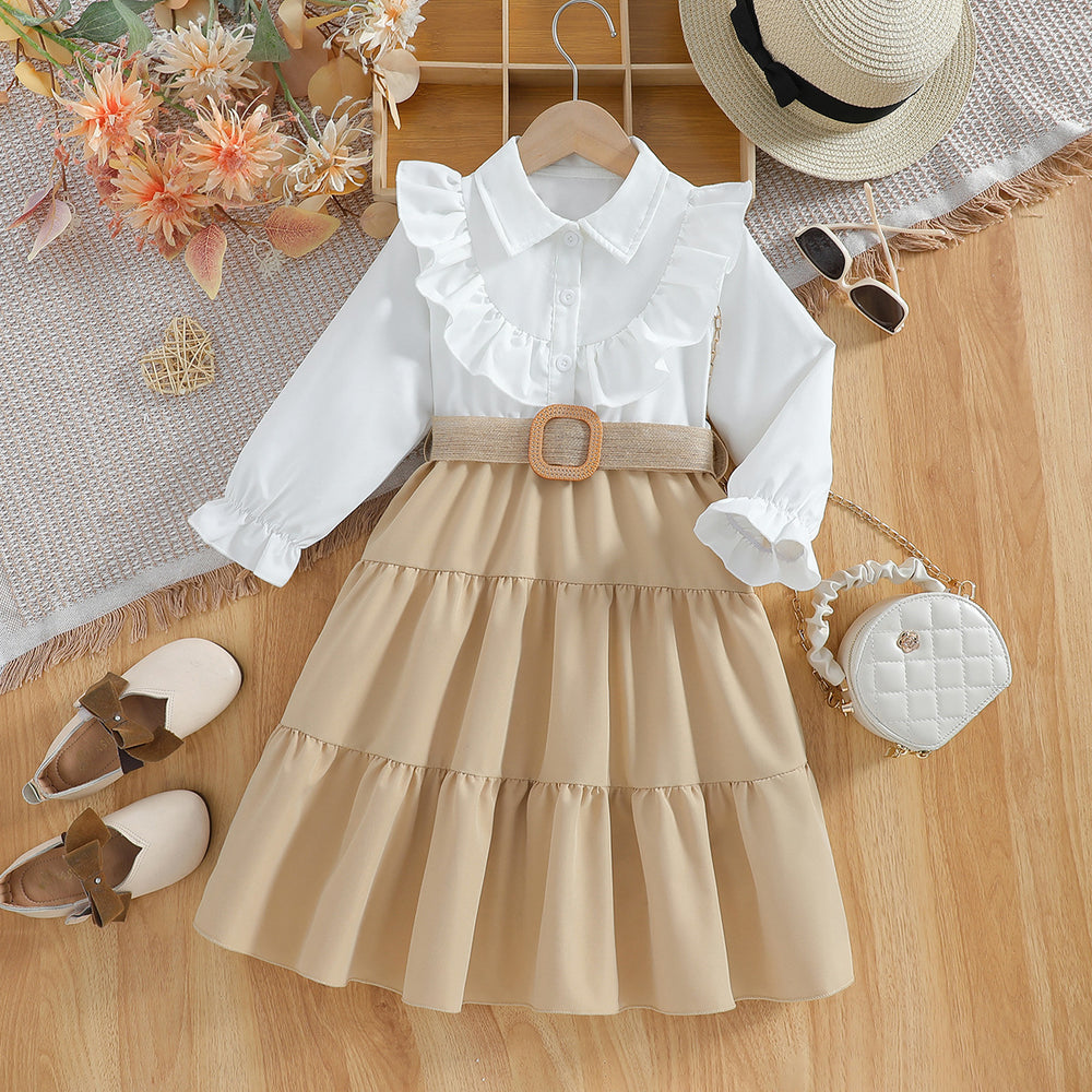 Exportgirldress white shirtpatchworkkhaki cake skirtfake two-pieceruffles beltkids long skirt