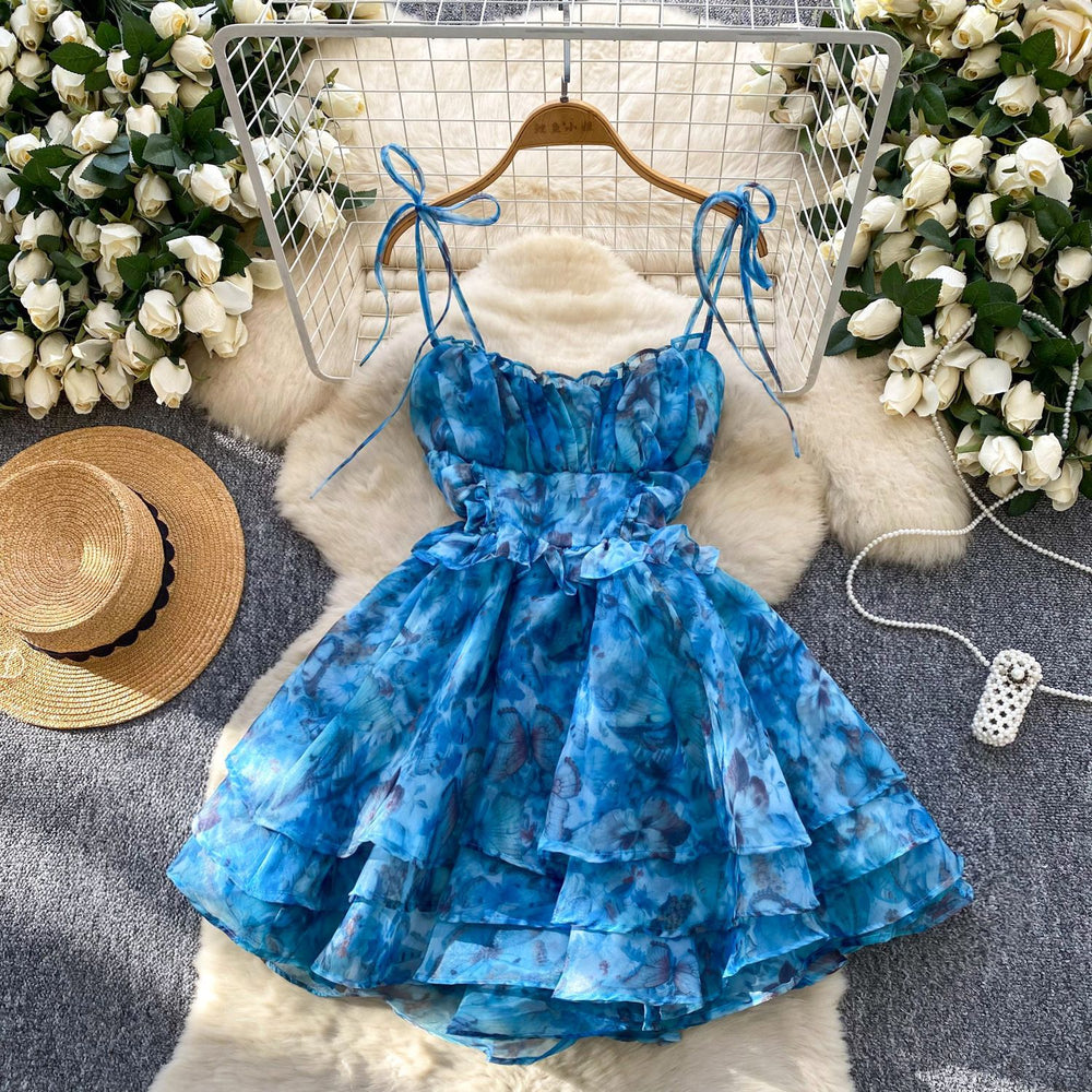 Birthday dress for women, french sweet, palace style, waist slimming look, elegant suspender mesh printing puffy dress