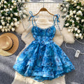 Birthday dress for women, french sweet, palace style, waist slimming look, elegant suspender mesh printing puffy dress