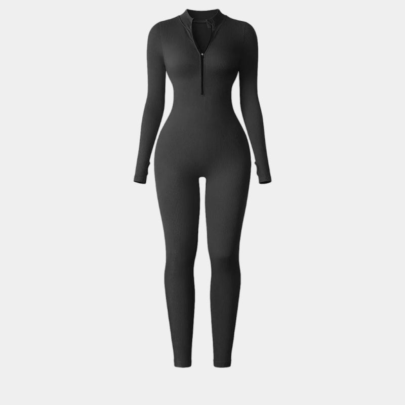 popular thick-threaded sports jumpsuit women's zipper thumb hole tight long-sleeved stand-up collar yoga clothes Europe and America