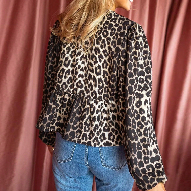 Customized  European and American temperament sexy leopard print long-sleeved shirt spring and autumn shirt cardigan female contractor package material processing