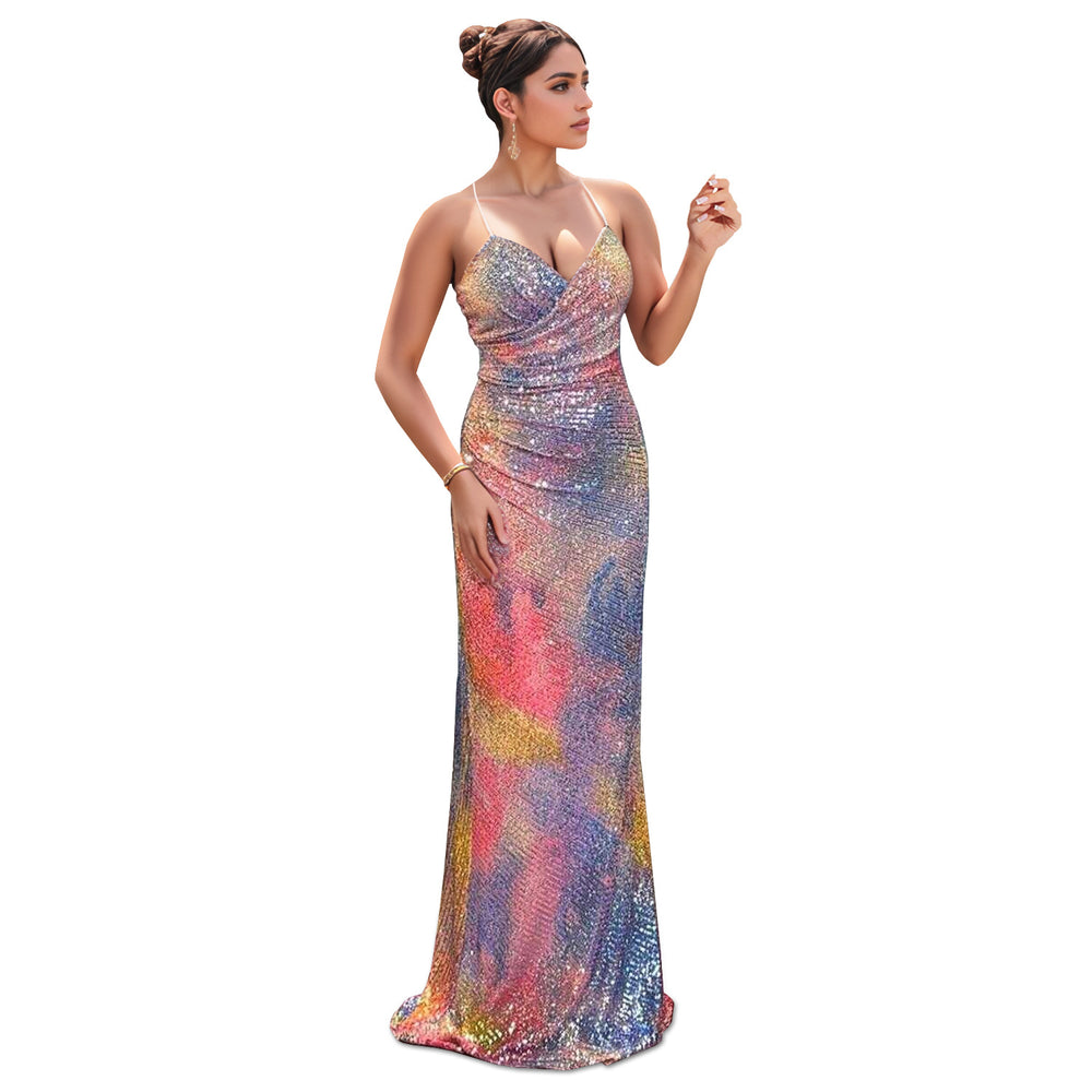 C7351 cross-border   fashion women's sexy spaghetti strap sequin bodycon sleeveless dress