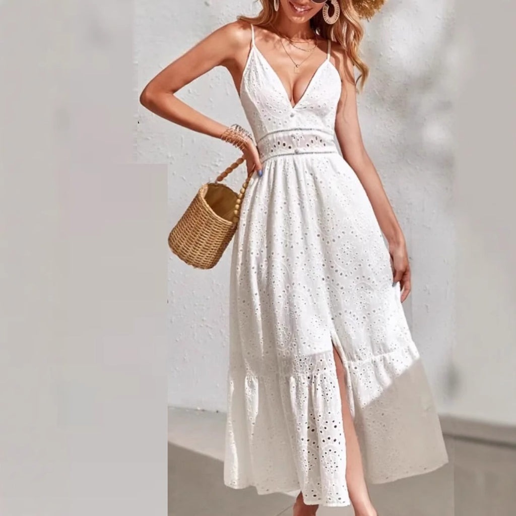 Russian  women's new summer sleeveless suspender dress hollow embroidery sleeveless jacquard suspender dress