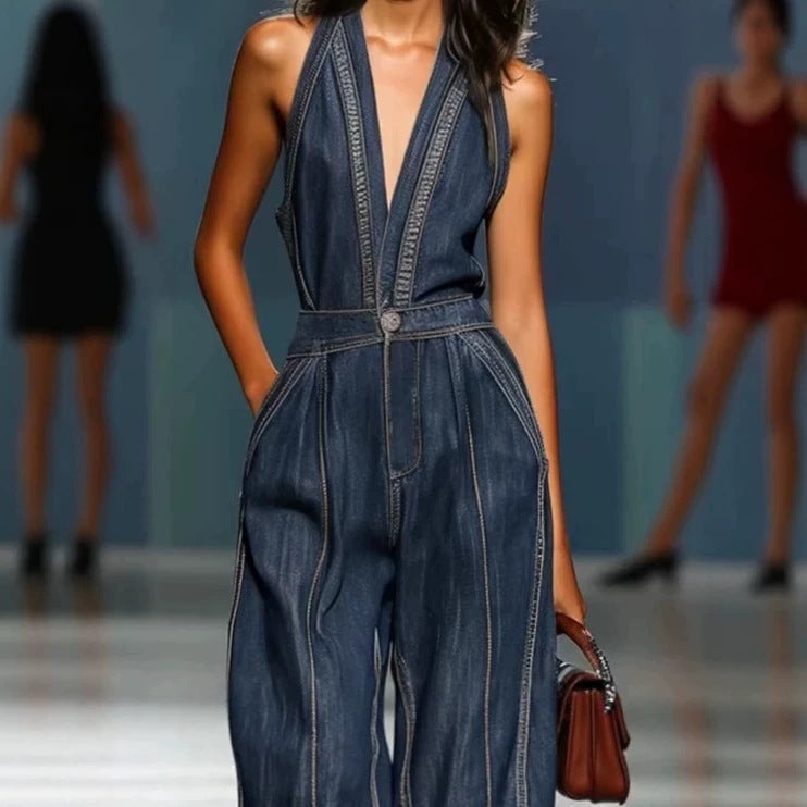 Amazon cross-border fashion cross-border tight waist silm elastic washed denim jumpsuit straight-legloose jumpsuit