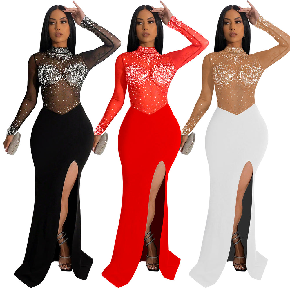 C7330 cross-border   fashion women's sexy see-through mesh rhinestone slit dress