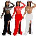 C7330 cross-border   fashion women's sexy see-through mesh rhinestone slit dress