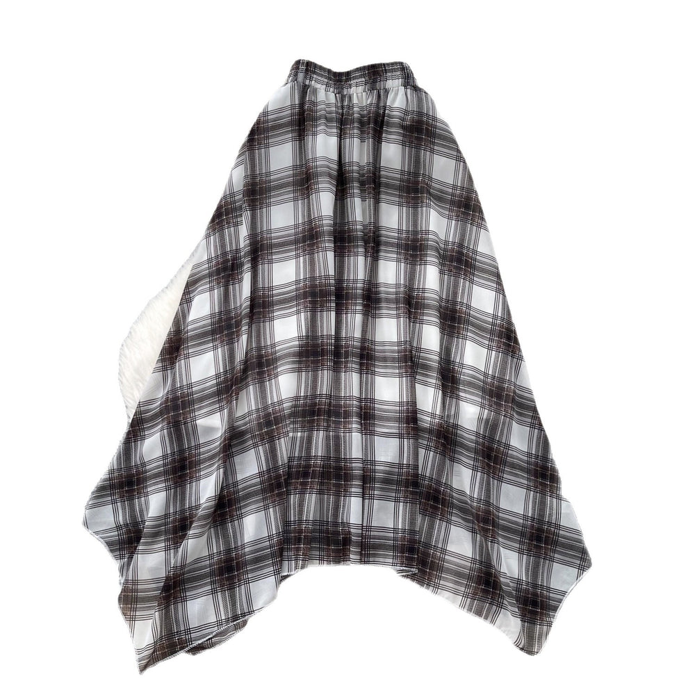 Vintage plaid patchwork a-line midi skirt - women's summer high-waisted slimming commute skirt with elastic waistband