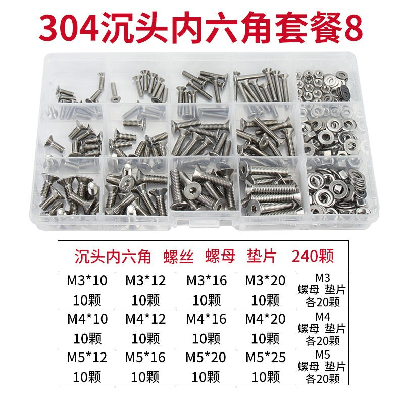 Grade 12.9/304 Stainless Steel, Hexagon Bolt Nut Washer Set, Hexagon Cup Head Boxed Screws