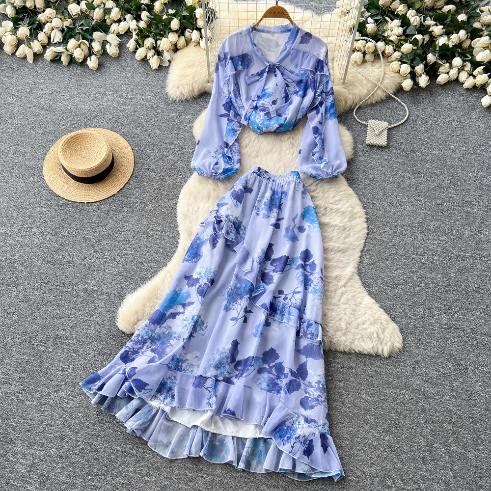 French print slim-fit two-piece set for women - autumn ruffle hem a-line skirt, commute-ready, elegant vacation style outfit