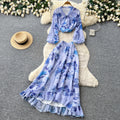 French print slim-fit two-piece set for women - autumn ruffle hem a-line skirt, commute-ready, elegant vacation style outfit