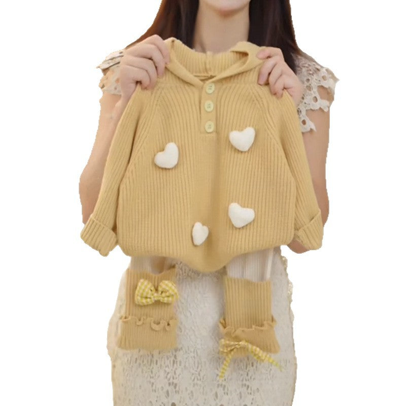 Girls' outfit set -  autumn/winter collection: stylish heart-hooded sweater (yellow top) & bow-tie leggings two-piece set