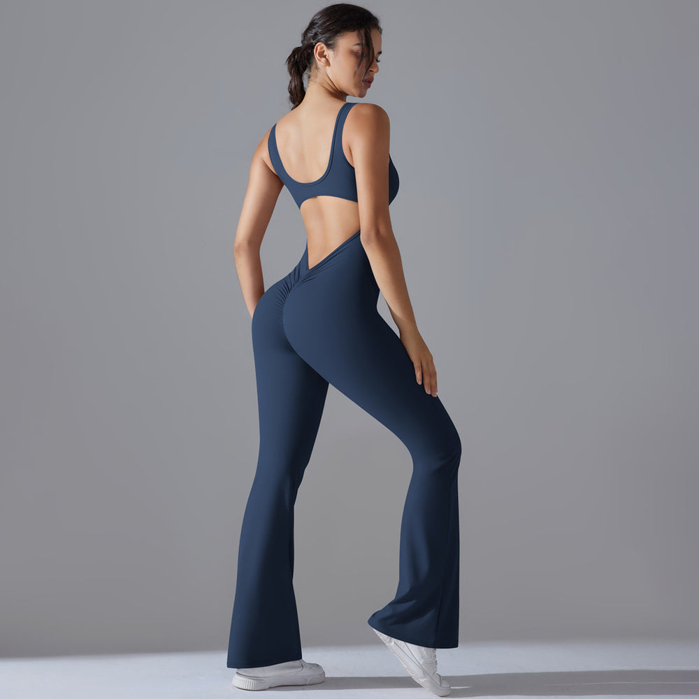 European and american cutout back bodysuit peach lift quick-dry tight workout gym outfit flare leg yoga jumpsuit for women