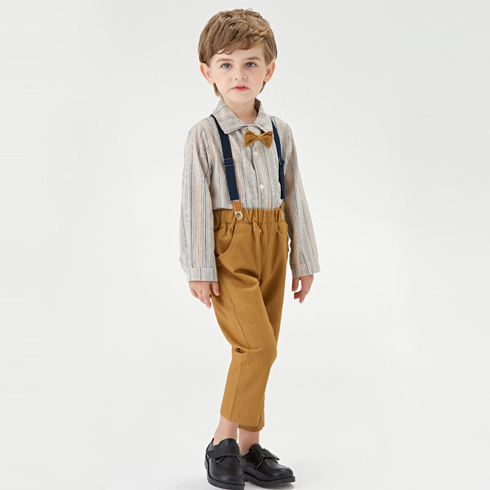 Export children's clothing boyssuitspring & fall clothing kids cotton pinstripe long sleeves shirt overalls baby boy gentleman's clothing