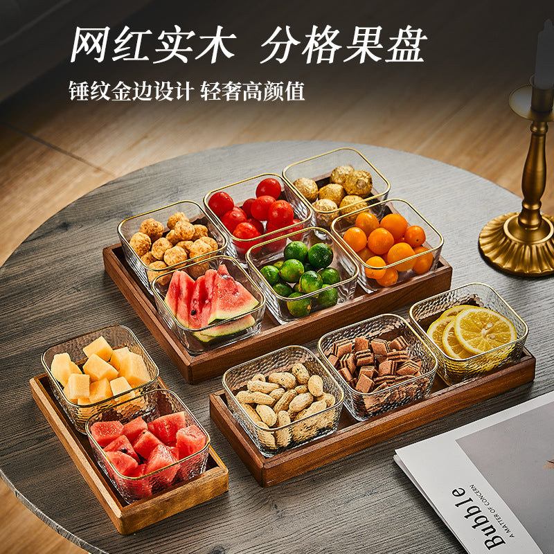 Walnut wood fruit bowl snack storage box - premium glass dried fruit dish - coffee table dessert & candy organizer
