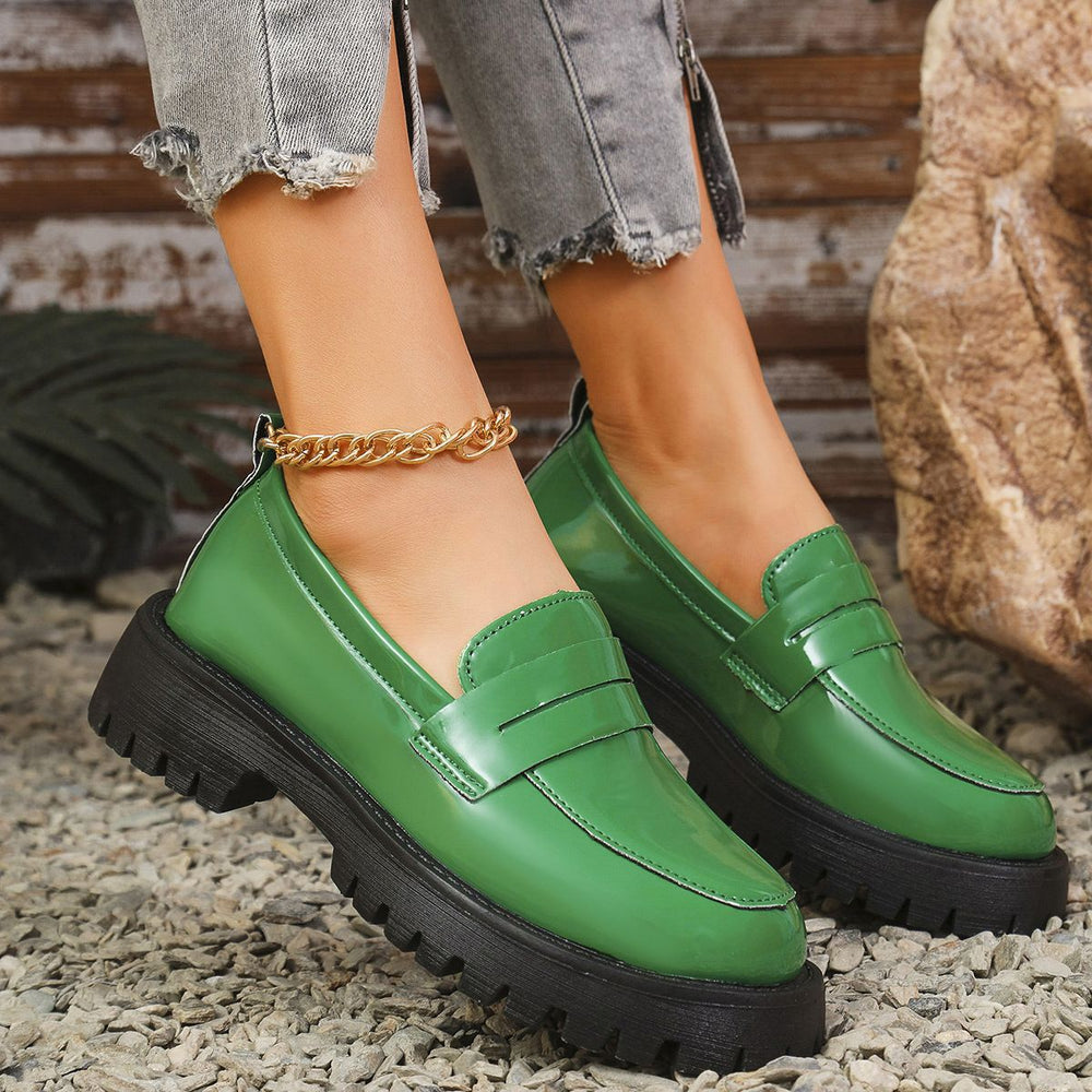 spring/autumn new collection: women's mid-heel square heel flats - export quality, british style chunky sole, round toe, preppy slip-on leather shoes