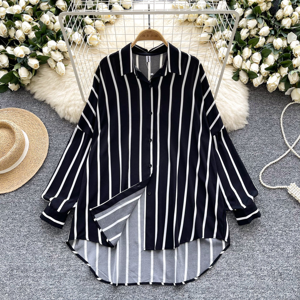Long-sleeved striped shirt - women's autumn new arrivals, european & american style, casual, versatile, loose fit, slimming, mid-length, plus size, trendy blouse