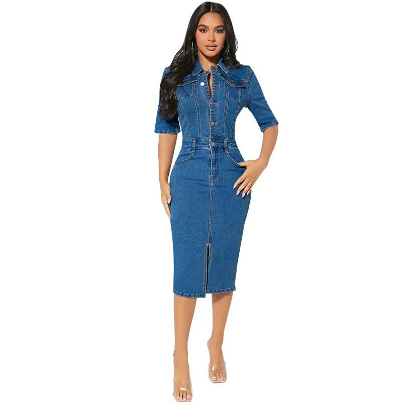 fashionnew arrival lapel hip-covering plus size multi-button denim casual short-sleeved dress