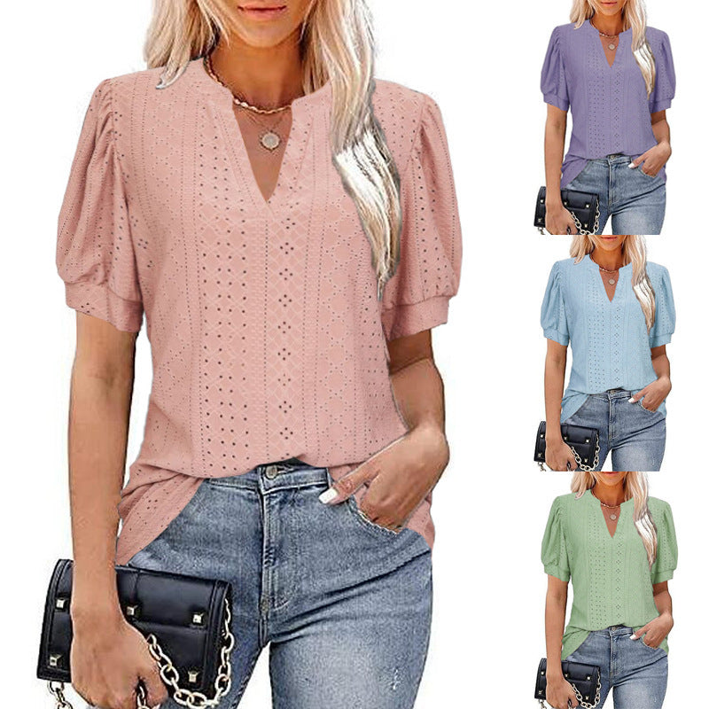 European and american cross-border e-commerce   spring/summer casual v-neck solid color cutout puff sleeve loose t-shirt