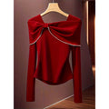 Women's new autumn/winter elegant romantic bow-decorated white lace trim slim-fit t-shirt - perfect for dates