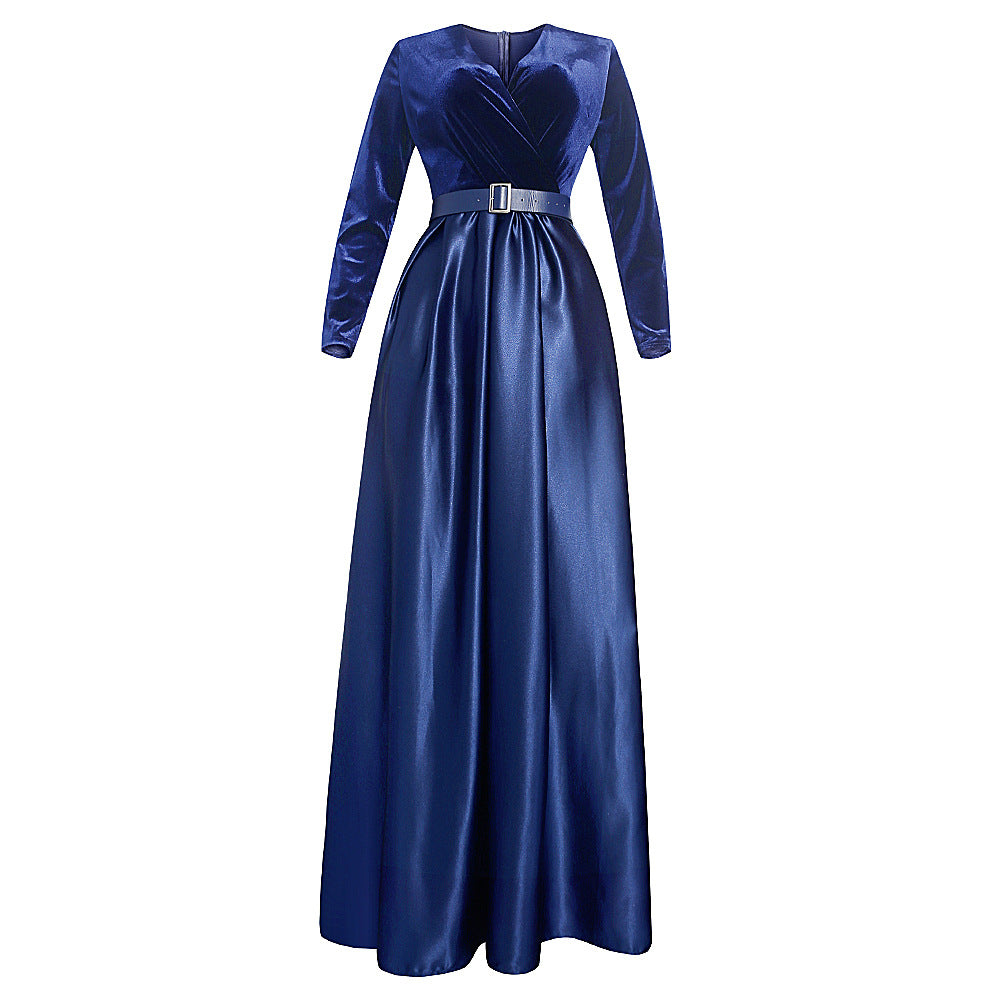 African dress women's european and american  cross-border hot style autumn and winter fashion deep v velvet long sleeve flared maxi dress * includes belt