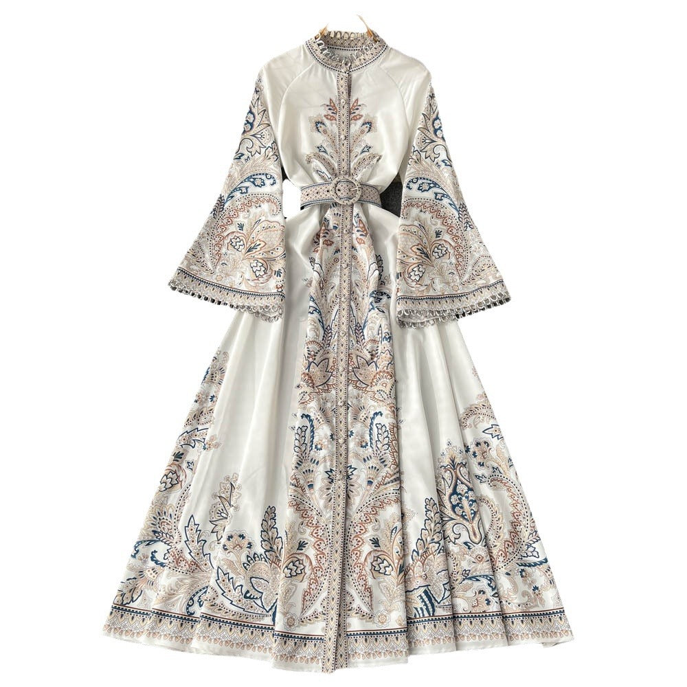 Spring new arrivalretroprinting round neck bell sleeve dress women's single breasted large swing asymmetrical pleated long skirt