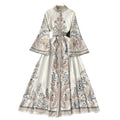 Spring new arrivalretroprinting round neck bell sleeve dress women's single breasted large swing asymmetrical pleated long skirt