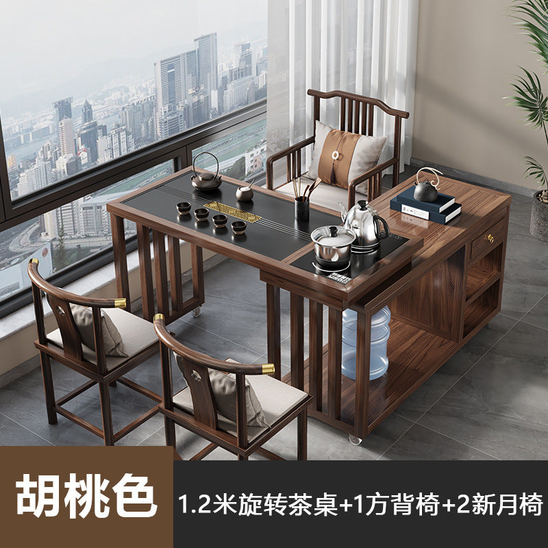 New chinoiserie solid wood tea table rotate table and chair complete set of water kettle all-in-one tea table balcony living room small apartment coffee table
