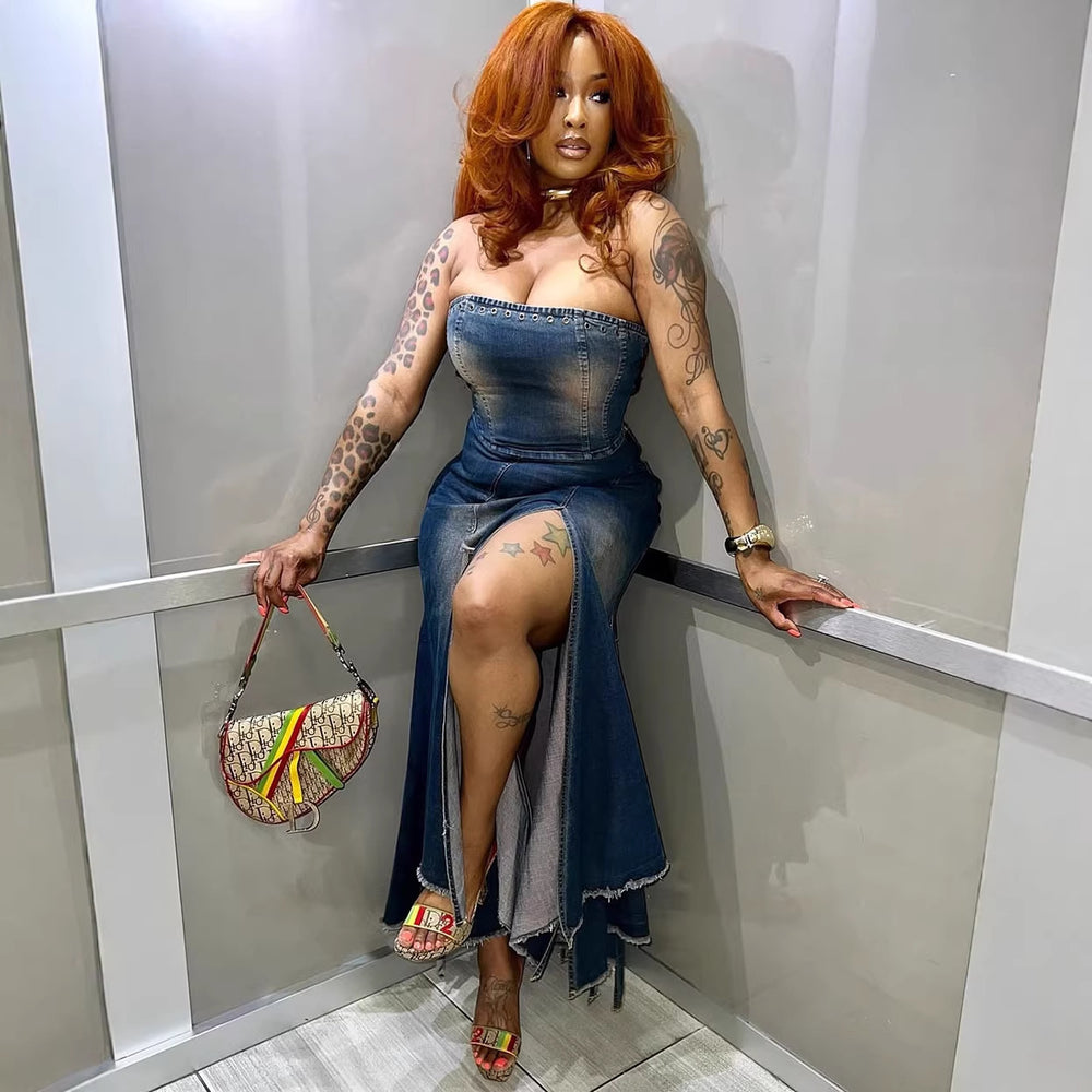 European and american sexy women's denim dress -  cross-border fashion - monkey slit bandeau denim maxi dress