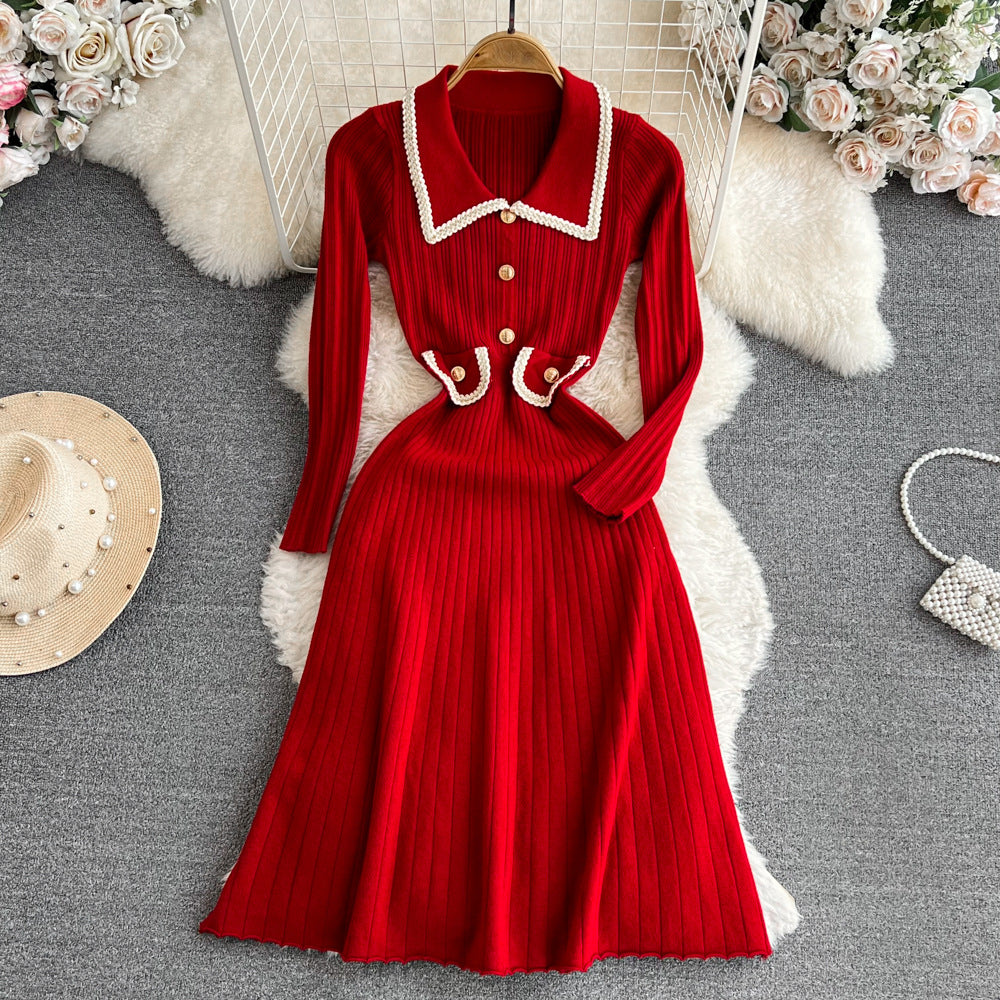 Xiaoxiangfeng socialite elegantcontrast colorlong sleeves doll collar waist slimming look longa line large hem knittingdress