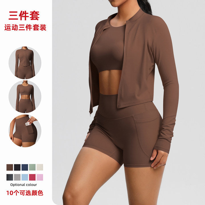 Fashionnew arrivalnude brushed long sleeves sports outwearcasualflap pocket pants shorts running butt lift yoga wear three-piece set