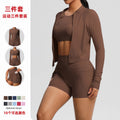 Fashionnew arrivalnude brushed long sleeves sports outwearcasualflap pocket pants shorts running butt lift yoga wear three-piece set