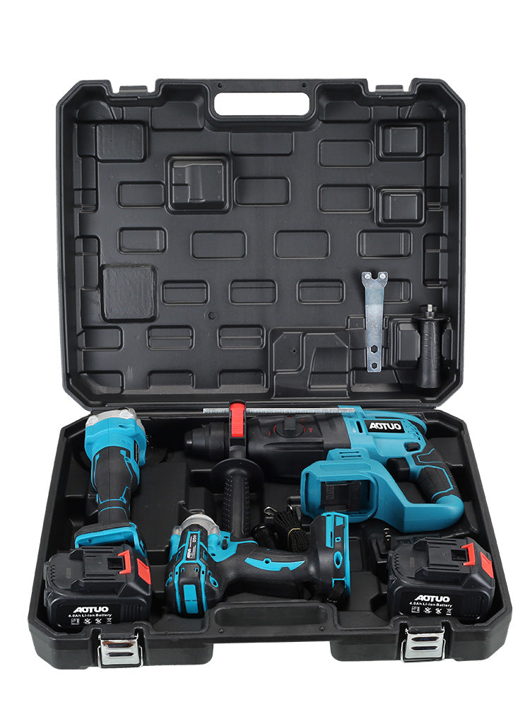 Brushless lithium power tool set, lithium battery impact drill angle grinder, electric drill wrench four-piece set, 2 batteries universal
