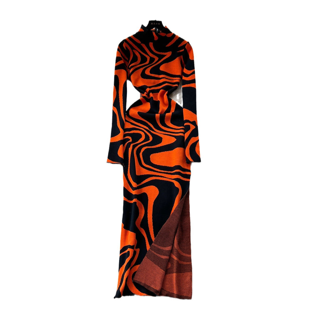 European and american style women's dress  new slimming fashionable printed high neck slit long knitted evening gown