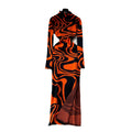 European and american style women's dress  new slimming fashionable printed high neck slit long knitted evening gown