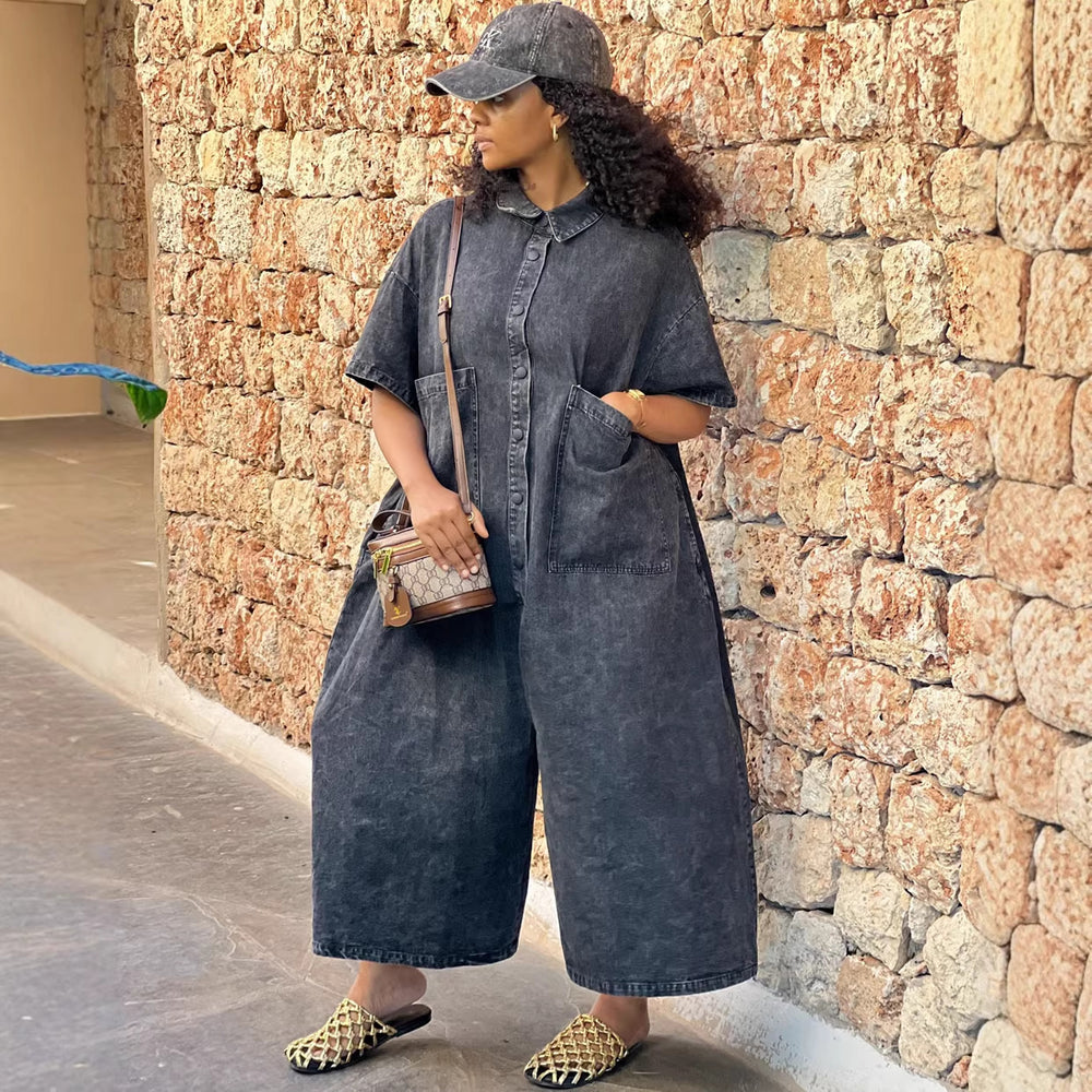 European and american style denim jumpsuit  cross-border foreign trade women's washed single-breasted short-sleeved loose jumpsuit