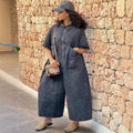 European and american style denim jumpsuit  cross-border foreign trade women's washed single-breasted short-sleeved loose jumpsuit
