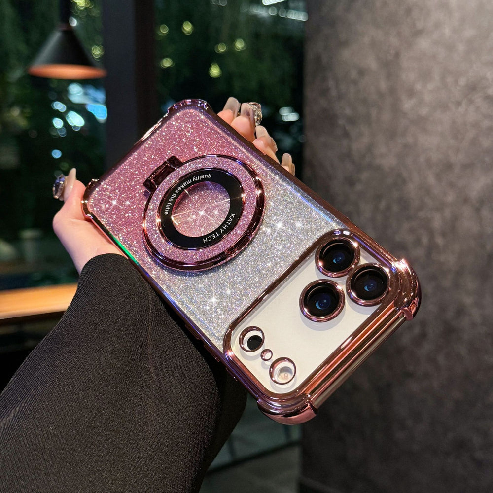 Suitable for iphone 17 mobile phone case electroplated four corners anti-fall glitter powder magnetic holder apple 16 lens film protective cover